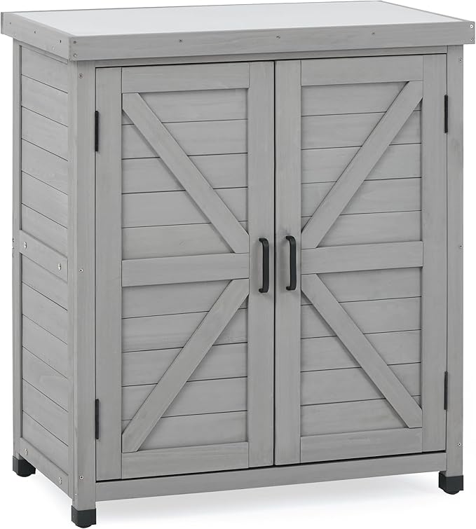Outdoor Potting Bench with Storage Cabinet and Metal Top, Wood Workstation for Outdoor Patio, Garden (Classic Grey, 31x17x36‘’) Wood-Natrl