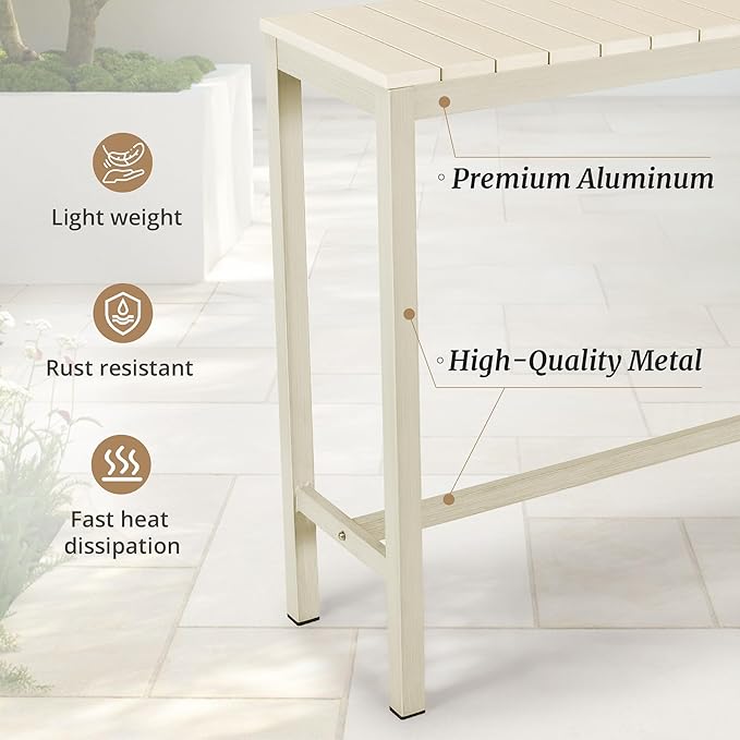 Outdoor Bar Table, 45" Patio Bar Height Counter Console Table, Waterproof HDPS Slatted Top, Weather Resistant, Hot Tub, Balcony, Yard, Indoor or Outdoor Use, Sand COZYMAN