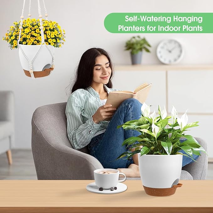 Hanging Planters for Indoor Outdoor Plants, 2 Pack Self Watering Hanging Pot with Drainage Holes, Removable Tray & 2 Kinds of Plant Hangers, 8'' Hanging Flower Pots for Home Garden Decor, White Vanslogreen