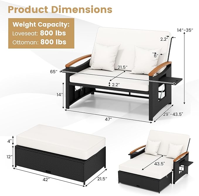 Tangkula Patio Rattan Daybed with 4-Level Adjustable Backrest, Outdoor Wicker Loveseat with Acacia Wood Armrest, Storage Ottoman & Folding Tray, Double Sunbed for Yard & Poolside (White & Black) TANGKULA
