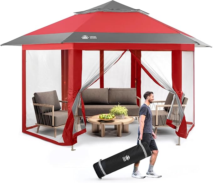 CROWN SHADES 12x12 Pop Up Gazebo with Mosquito Nettings, Patented Center Lock 6-Sided Portable Gazebo, 300D Silver-Coated Fabric UV Resistant, Pop Up Canopy Tent for Patio, Party, Red&Grey CrownShades
