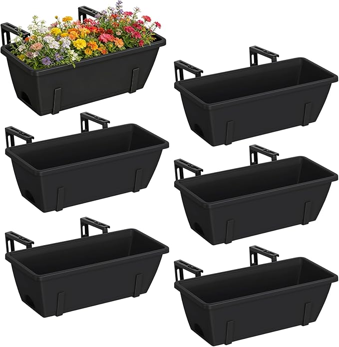 CADUKE 6 PCS Railing Planter Boxes, Black Planter Boxes with Adjustable Bracket, 17 Inch Deck Rail Planters for Outdoor Plants, Flower Pots for Balcony Garden Decor CADUKE