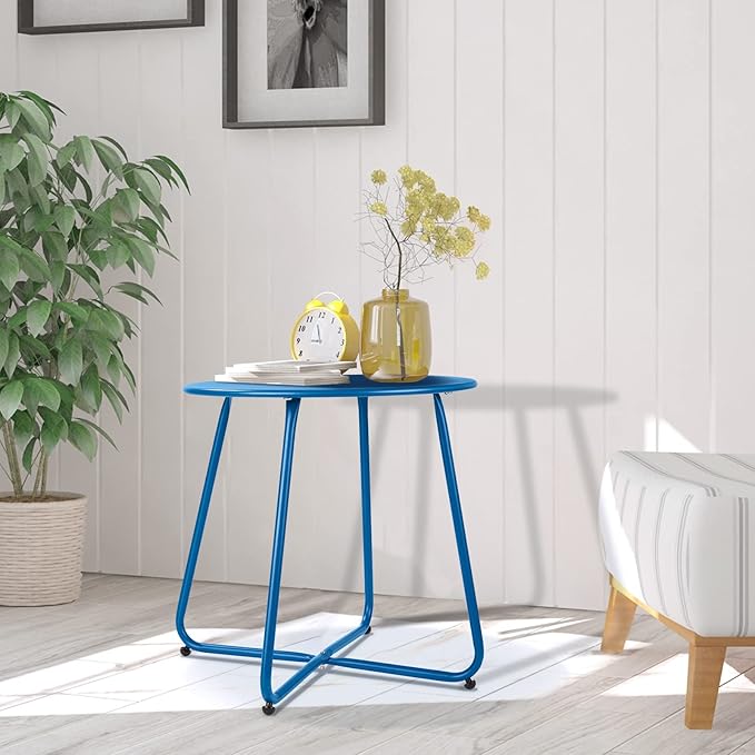 Patio Outdoor Side Table Waterproof Round Metal Steel Small Side Table Weather Resistant Portable Outdoor and Indoor End Table for Garden Balcony Yard, Navy Blue Meluvici