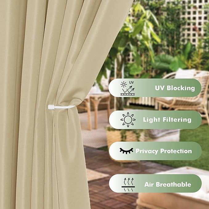 HolidayIdeas Extra Wide Outdoor Curtains for Patio Waterproof, 6 Panels - 110x108 Inches - Weatherproof Privacy Outsides Curtains for Backyard Porch Gazebo, Sunlight & UV Blocking (Cream, Grommet Top) HolidayIdeas