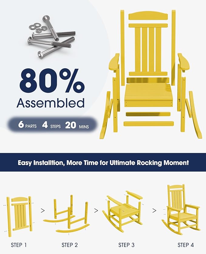 KINGYES HDPE Rocking Chairs Outdoor, Patio Rocking Chairs with 330lbs Support, Smooth Porch Rocker for Deck Lawn Yard, Yellow KINGYES