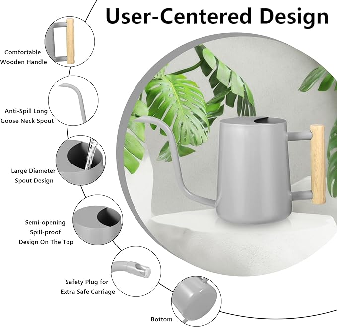 Watering Can Indoor Plants, 35oz Small Indoor Stainless Steel Metal Watering Can Modern Decorative Watering Pot with Long Spout for Indoor House Plant Bonsai Garden Flowers (Gray) GUKJOB
