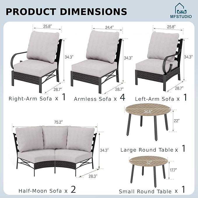MFSTUDIO Patio Furniture Set, 10 Seats Half-Moon Curved Outdoor Sectional Sofa Conversation Set with 2 Wood-Like Round Table, Woven Rattan Patio Couch for Backyard, Garden, Deck MFSTUDIO