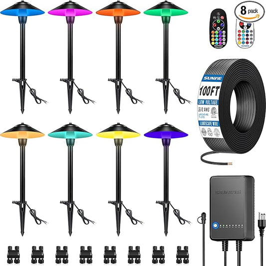SUNVIE All-in-One RGBW Landscape Lighting Kit, 8 Pack Color Changing Low Voltage Landscape Lights with Connector Transformer 100FT Wire, 3W Multi-Color Pathway Lights for Holiday Walkway Garden Yard SUNVIE