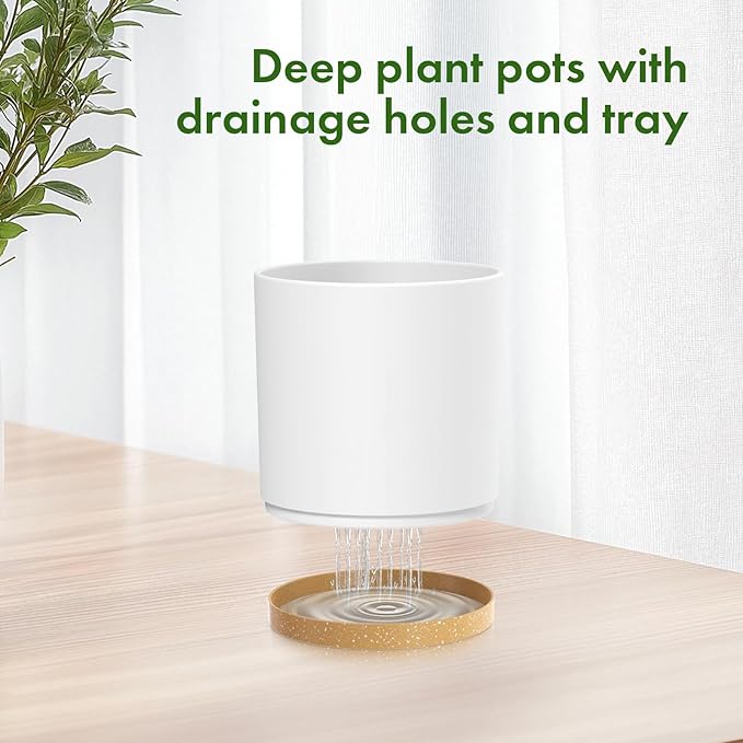8/7/6 inch Plant Pots, 3 Pack Cylinder Flower Pots for Outdoor Indoor Plants, Decorative Plastic Planters with Drainage Holes and Saucers for Garden House Plants, White with Brown Meowell