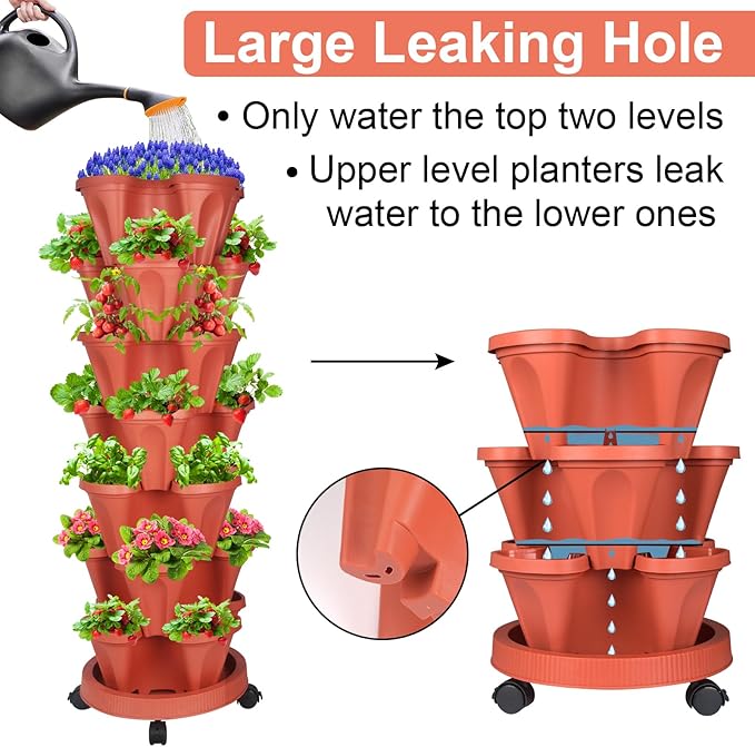 DUNCHATY Stackable Planters 7 Tier Vertical Garden Planting Tower Planters Strawberry, Herb, Flower, and Vegetable Planter Indoor Outdoor Gardening Pots with Removable Wheels and Tools, 2 Set DUNCHATY