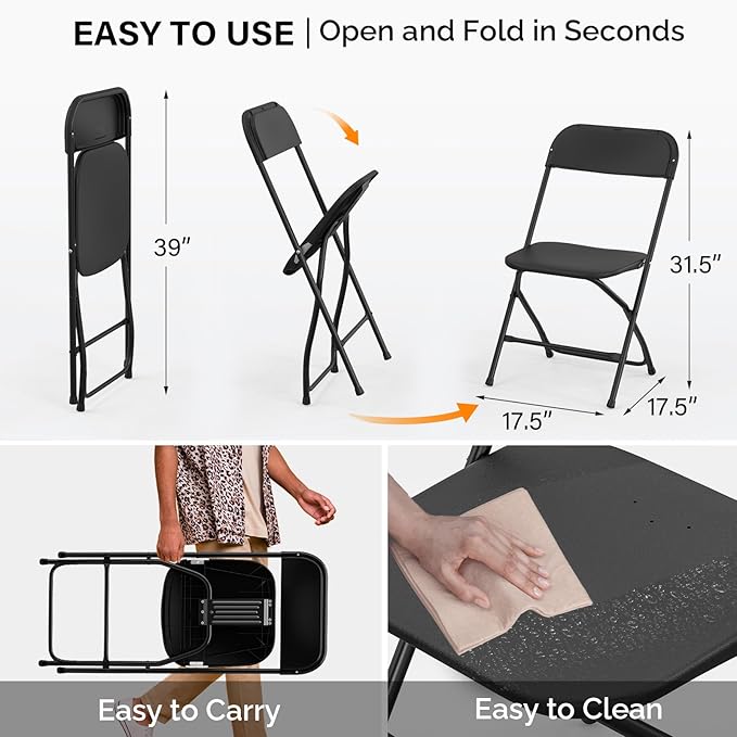VINGLI 2 Pack Black Plastic Folding Chair, Indoor Outdoor Portable Stackable Commercial Seat with Steel Frame 350lb. Capacity for Events Office Wedding Party Picnic Kitchen Dining VINGLI