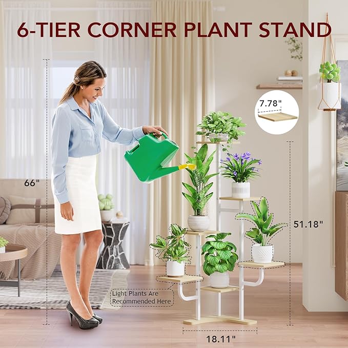 Corner Plant Stand with Grow Light - 6 Tier Plant Stand Indoor Square Metal Plant Shelf with Adjustable Light, Plant Organizer for Living Room, Graden, Home Decor (Maple) Homsorout
