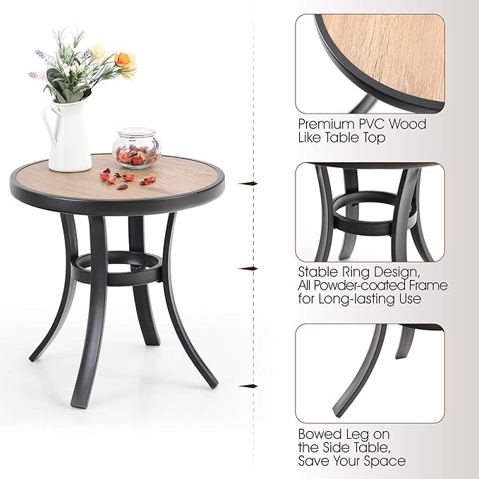 PHI VILLA Outdoor Round Side Table, 19" Small Metal End Table with Wood-Lile PVC Top for 2, All Weather Coffee Bistro Table for Patio, Deck, Porch, Balcony, Indoor PHIVILLAThepioneerofcomfortablehouseholdsupplies