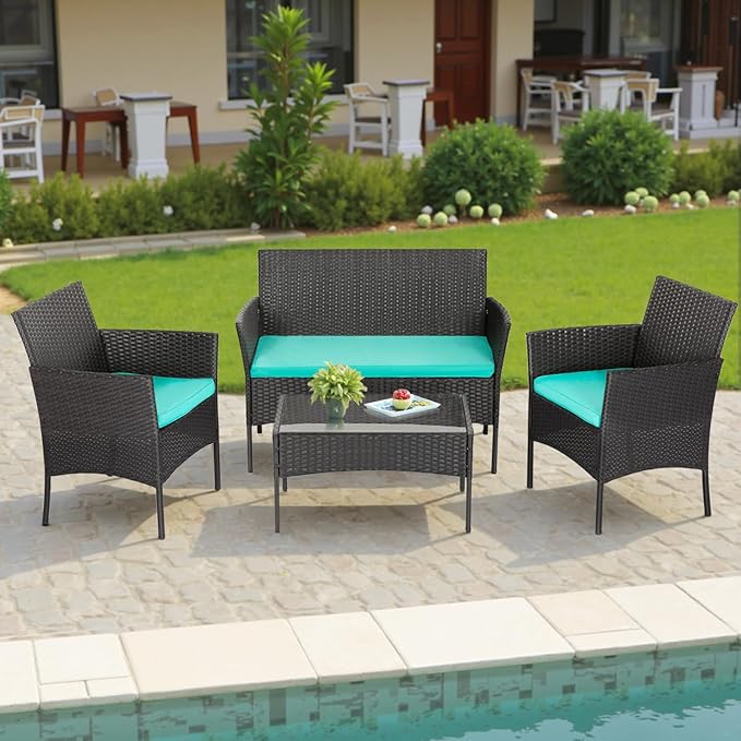 FDW | 4-Piece Patio Furniture Set | Blue | Outdoor Wicker Furniture with Coffee Table | Modern Rattan Chairs Conversation Set | Outdoor Seating | Weather-Resistant | for Porch, Garden, Lawn FDW