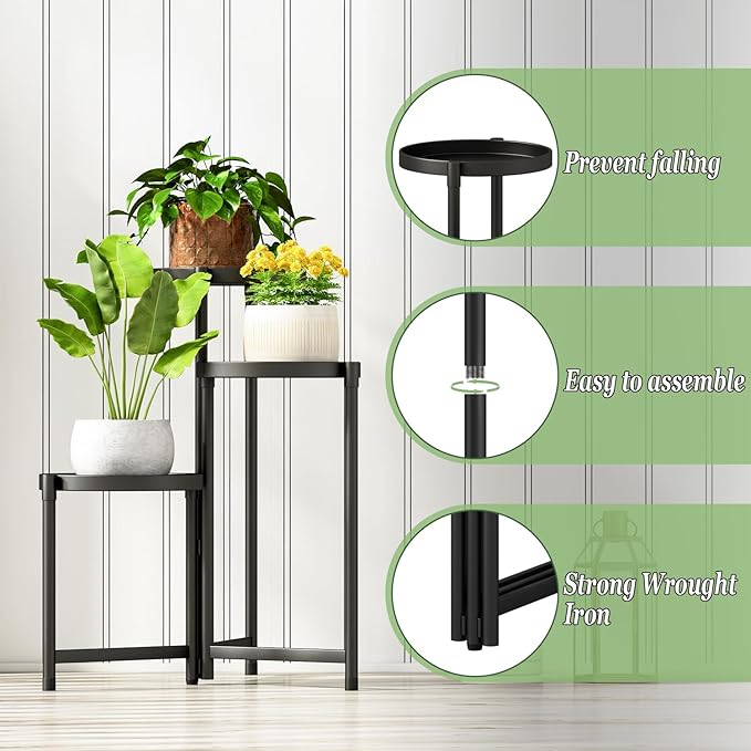 Plant Stand indoor outdoor-3 Tier black Tall Metal Flower Pot Holder 9in Wide Potted Display Rack - Heavy Duty Corner Plant Shelf for Patio Garden Balcony Living Bedroom Room Atpddpey
