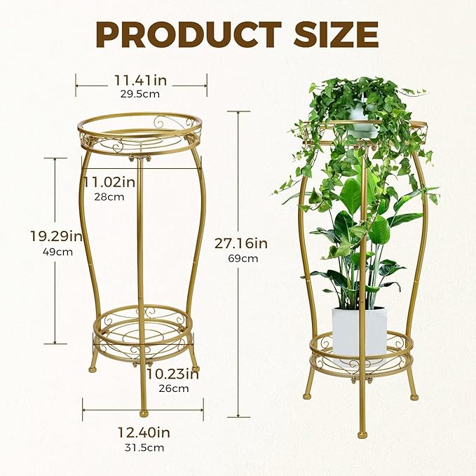 Plant Stand Indoor Outdoor，Tall Gold Metal Rustproof Stable Plant Stands，2 Tier 27.1 inch Multiple Plant Rack Holder Rack Flower Pot Stand Heavy Duty Plant Shelf (Gold) KavliumPlantStand