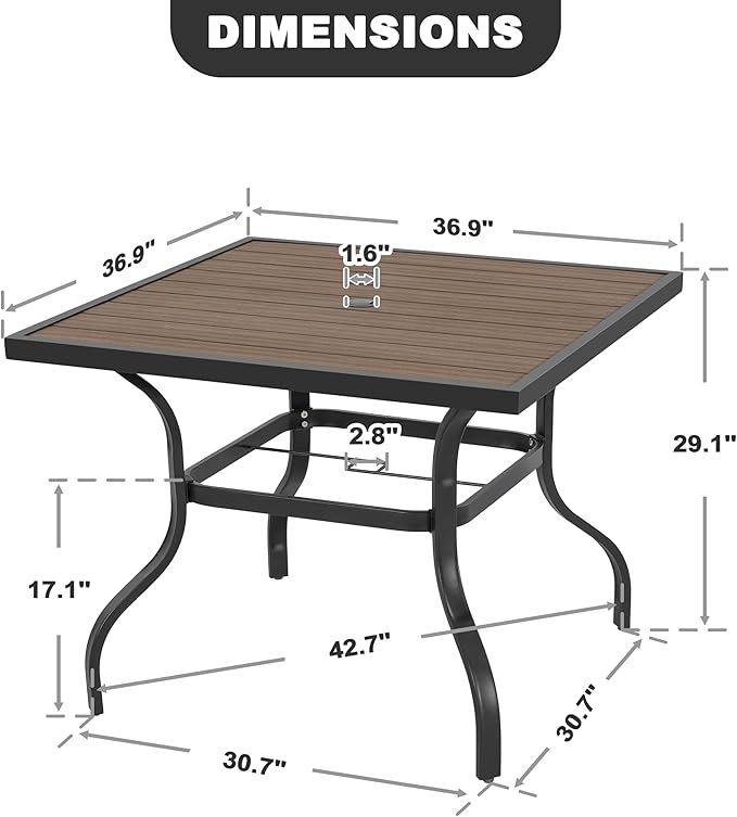 NUU GARDEN Outdoor 37” Square Metal Dining Table, Patio Dining Table with Umbrella Hole, Powder-Coated Metal Table with Faux Wood Tabletop, for Patio, Garden, Backyard and Balcony, Black NUUGARDENCORPORATION