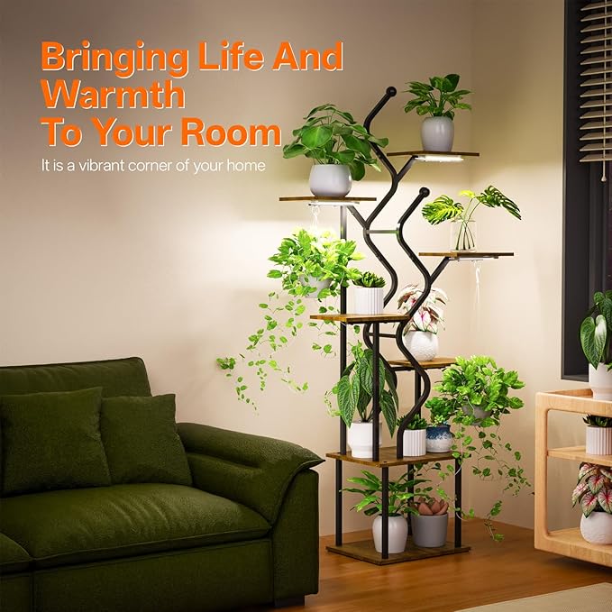 Bstrip 63 Inch Plant Stand with Grow Light, 7-Tier Indoor Plant Shelf with Hanging Hooks, Decor Corner Plant Stand for Living Room & Patio, Black Bstrip