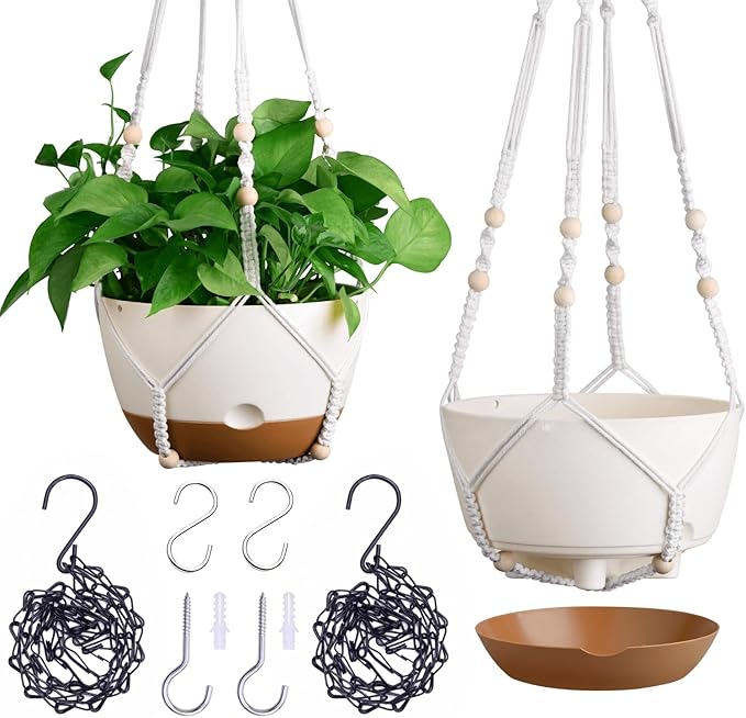 montresor Set of 2-8 Inch Hanging Planters for Indoor Plants with Self-Watering Includes Hanging Pots for Plants, Outdoor Plant Pot with Drainage, and 2 Types of Hanging Baskets Hangers (White) Montresor