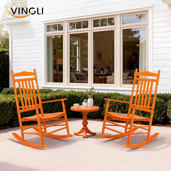 VINGLI Wooden Rocking Chair, Outdoor Chair with 450 lbs Support, Relaxing Rocker with Solid Wood High Back Seat Reclining Seat for Deck, Garden, Backyard, Porch, Indoor or Outdoor Use (Orange, 1PC) VINGLI
