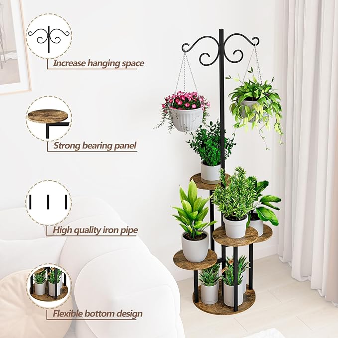 Plant Stand Indoor 5 Tier 8 Potted with hook hanging basket Multiple Flower Pot Holder for Patio Garden Balcony Living Room Corner (5 Tier with hook Black+Rustic Brown) INGIORDAR