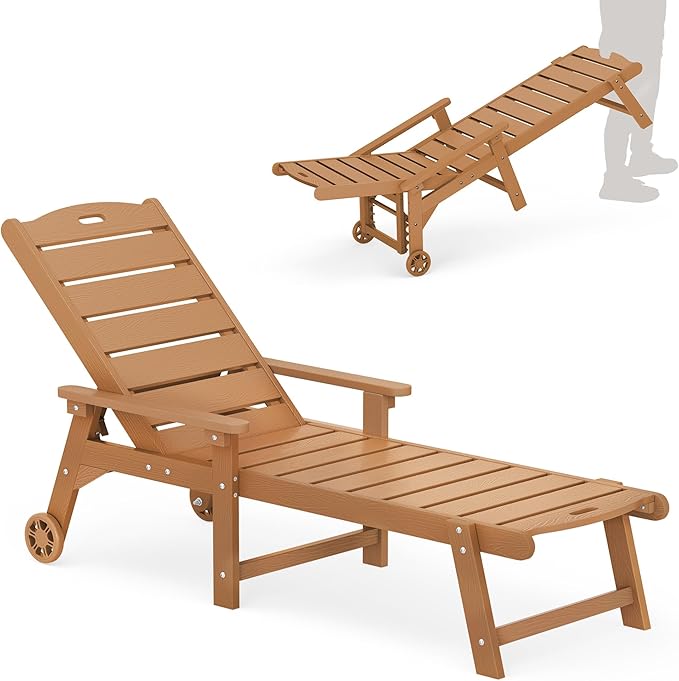 LUE BONA Outdoor Chaise Lounge, HDPS Chaise Lounger, 5 Positions Adjustable Lounge Chairs, Pool Lounge Chair with Wheels for Poolside, Backyard, Teak Color LUEBONA