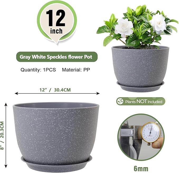 Plant Pots 12 inch, Plastic Planters with Drainage Holes and Saucers, Large Flower Pots for Indoor Outdoor Plants, Modern Decorative Pots for Garden House Plants, Speckled Grey Meowell