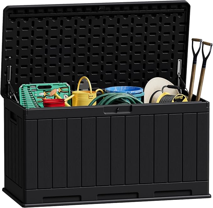 JUMMICO 90 Gallon Waterproof Resin Deck Box, Double Wall Outdoor Storage Box with Lockable Lid for Garden Tools, Patio Cushions, Pools (Black) JUMMICO