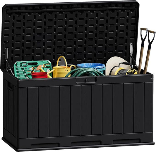 JUMMICO 90 Gallon Waterproof Resin Deck Box, Double Wall Outdoor Storage Box with Lockable Lid for Garden Tools, Patio Cushions, Pools (Black) JUMMICO