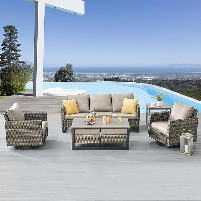 Belord 7 Piece Outdoor Furniture Patio Wicker Sofa Set, Oversize Outdoor Swivel Rocker Chairs with Rattan Ottomans, Conversation Sets Patio Furniture Come with Removable Washable Cushion Grey Belord