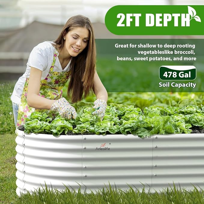 A ANLEOLIFE 8x4x2ft Galvanized Raised Garden Bed Kit, Oval Metal Deep Root Planters for Outdoor Plants Vegetables Flowers Herb, Large Bottomless, 478 Gallon Capacity- Antique White AAnleolife