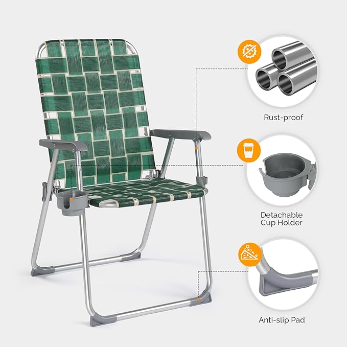 VINGLI Folding Aluminum Webbed Lawn Chairs with Detachable Cup Holder, High Beach Chair for Adults Heavy Duty, Portable Patio Chair, Camping Chair for Yard, Garden, 2 Pack VINGLI