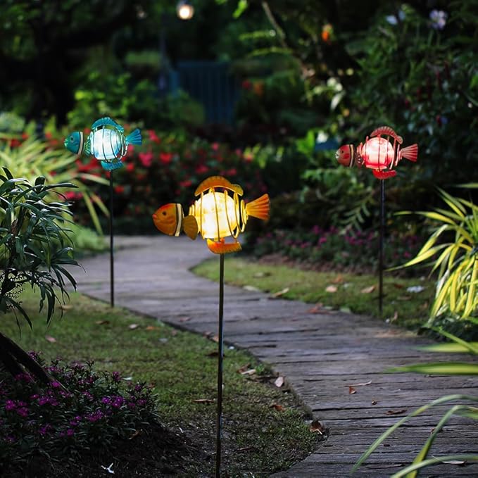 Fish 3Pack 21.3''H Outdoor Figurine Lights, Multicolor Clownfish Solar Garden Decor with Led Lights, Decorative Garden Stake for Yard, Patio, Lawn SATHGA