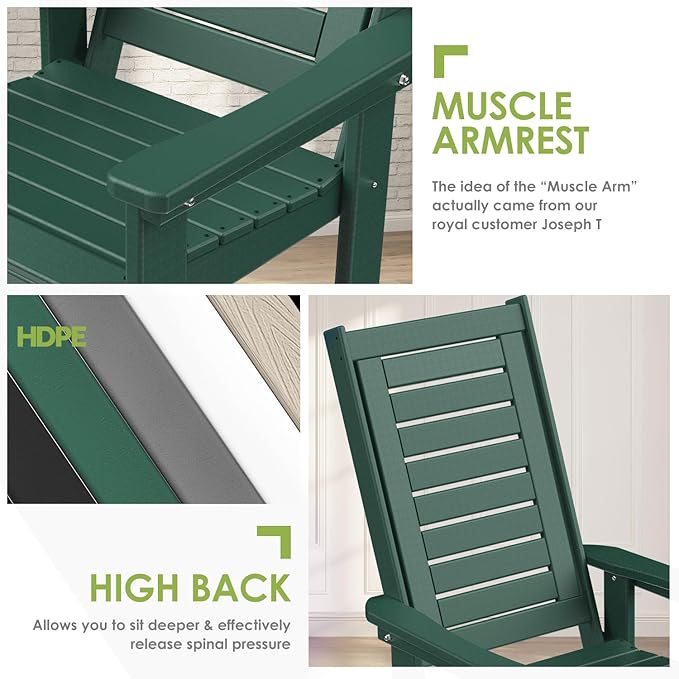 GREENVINES Outdoor Rocking Chairs | Set of 4 | Porch Rocker | HDPE Plastic | Forest | Oversized Rockers | High Back | Big & Tall | Ladder Back | for Patio Outside Backyard Balcony Garden GreenVines