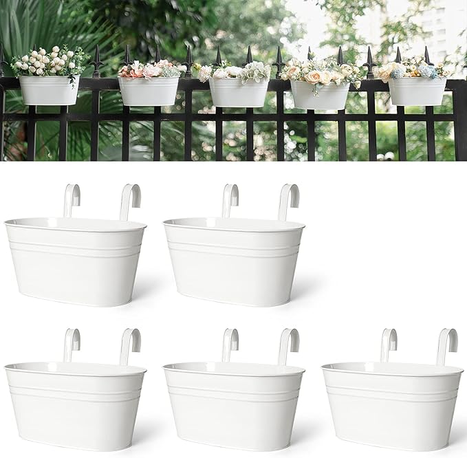 Dahey 10.5 Inch Metal Iron Hanging Flower Pots for Railing Fence Hanging Bucket Pots Countryside Style Window Flower Plant Holder with Detachable Hooks Home Decor,White,5 Pcs Dahey