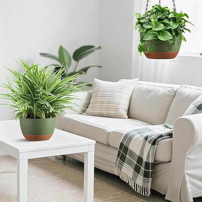 Hanging Planters for Indoor Plants, Set of 2 8/10 Inch Self-Watering Hanging Pots with Drainage Hole & Removable Water-Storage Tray II Screw-in Hooks Rootora