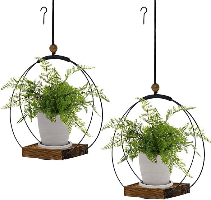 Hanging Planter for Indoor Plants,Plant Hanger with Sturdy Wood Base & Pot, Modern Boho Macrame Plant Hanger,Wall Ceiling Window Stands(2 Pack+Pots) hismocal
