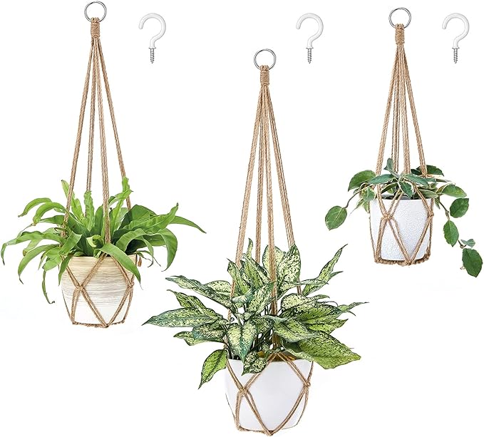 Dahey Macrame Plant Hanger Set of 3 with Hooks Indoor Hanging Planter Basket 35"/29"/23" Handmade Woven Cotton Rope Flower Pot Crochet Plant Holder Stand for Boho Home Decor No Tassels,Brown Dahey