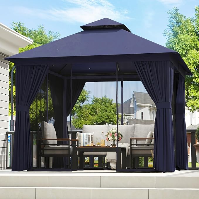 Aoxun Outdoor Gazebo for Patio 10x10 Metal Frame Canopy with Double Roofs Heavy Duty Party Tent and Shelter with Mosquito Netting and Privacy Screen for Backyard, Lawn, Garden, Deck (Navy Blue) Aoxun