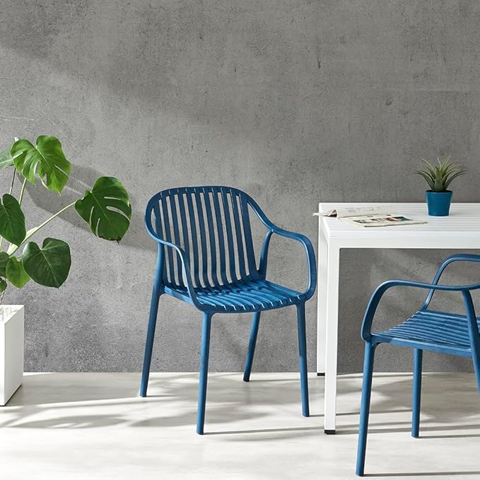 Modern Stackable Outdoor & Indoor Plastic Dining Chairs Set, Armchairs Set, Weather-Resistant, Ideal for Patios, Cafes, and Home Use, Set of 4 (Blue) XDECO