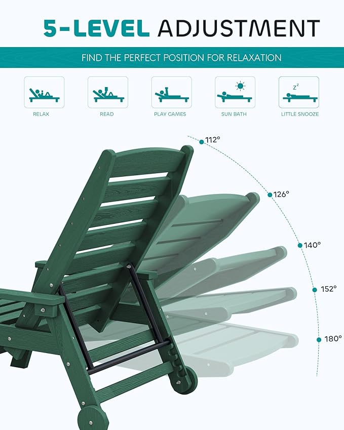 SERWALL Patio Chaise Lounge Chair, 78'' Long HDPE 5 Positions Adjustable Outdoor Lounger, Poly Lounge Chair with Rolling Wheels & Cup Holder for Pool, Dark Green SERWALL