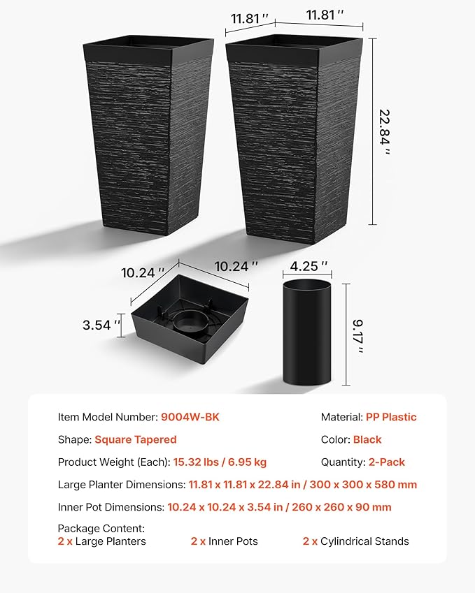 VEVOR Set of 2 Tall Planters for Outdoor Plants 23 inch, Black Tall Planter for Indoor Plants, Modern Planters for Front Porch Patio Balcony, Plant Container Flower Pots with Built-in Drainage VEVOR