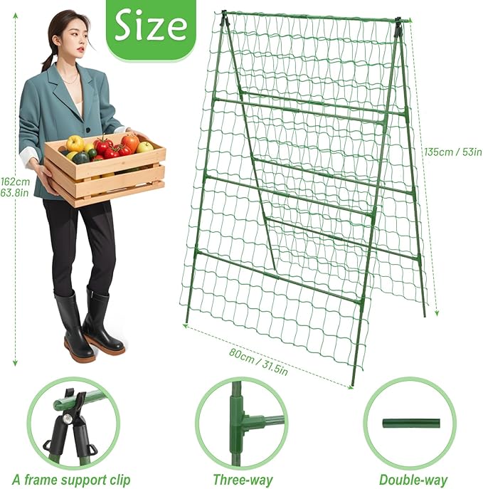 32 x 53 Inch Cucumber Trellis for Climbing Plants Outdoor A-Frame Garden Trellis for Raised Bed Detachable Sturdy Garden Plant Support Trellis for Small Plant Vegetable Flower Grape with Climbing Net LifeisLuck