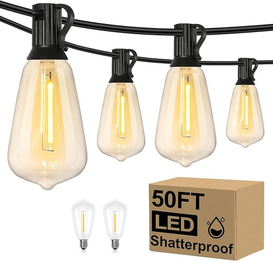 Brightever LED Outdoor String Lights 50FT Patio Lights with 27 Shatterproof ST38 Vintage Edison Bulbs, Outside Hanging Light Waterproof for Porch, Deck, Garden, Backyard, Balcony, 2200K Dimmable Brightever