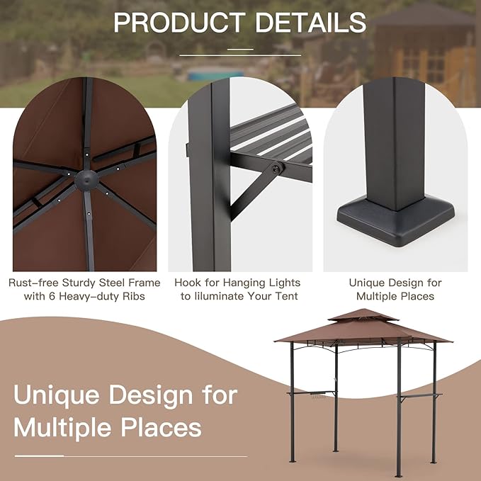 AECOJOY 8' x 5' Outdoor Grill Gazebo Canopy, BBQ Canopy for Outdoor Grill, 2- Tier BBQ Grill Gazebo Shelter for Patio, Backyard and More (Brown) AECOJOY