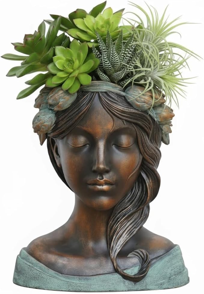DiliComing Head Planter Face Plant Pots - 10 Inch Flower Pot Succulents Large Outdoor Planters Indoor with Drainage Resin Lady Black Statue for Garden Home Decor Porch Gift for Plant Lovers DiliComing