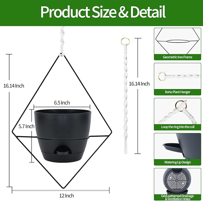 Hanging Planters for Indoor Plants, 2 Set Self Watering Hanging Flower Pots, Modern Hanging Plant Baskets with Metal Plant Holder & 6.5 Inch Plastic Pots for Garden Home Decor (Black) Koalaime