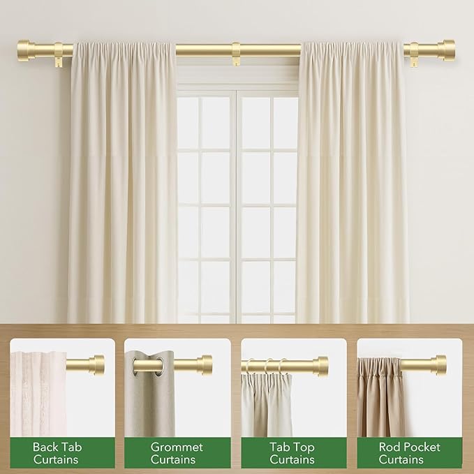 Curtain Rods for Windows 48 to 84, 1 Inch Adjustable Gold Heavy Duty Long Window Curtain Rod, Modern Style Drapery Rods with End Caps, Size 32" - 90" TimeForest
