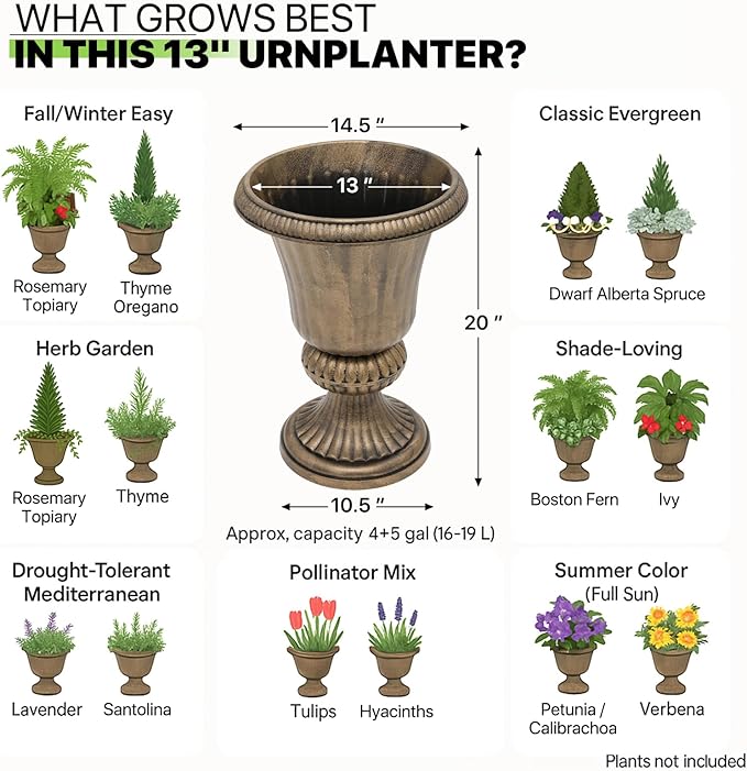 Magshion 20" Urn Planters for Outdoor Plants, Large Decorative Front Porch Planters Set of 2, Weatherproof Tall Plastic Flower Pots for Garden, Patio & Entryway Décor, Antique Brass Magshion