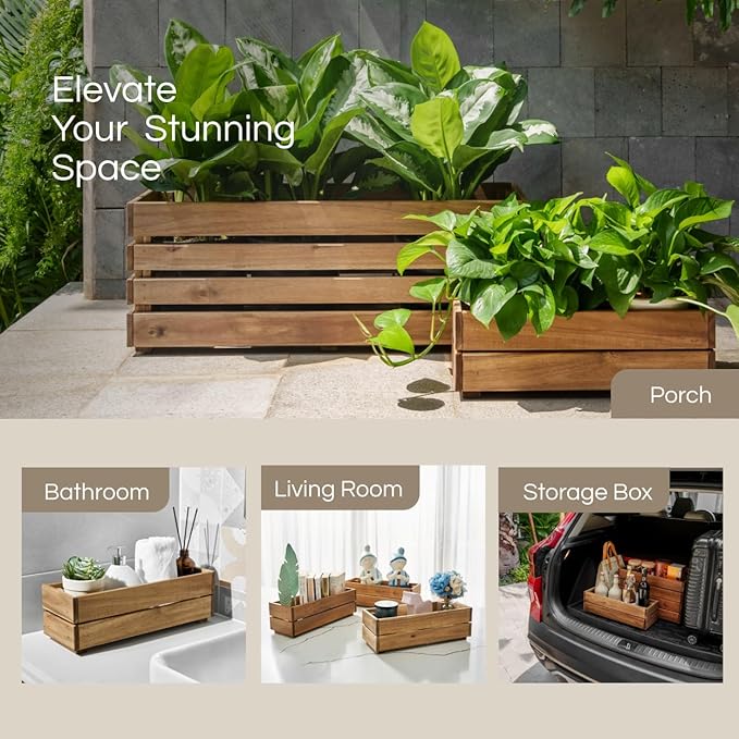 Wooden Planter Box, Storage Box 17”L x6”W x5.5”H with Crate Style, Acacia Wood Flower Container, Rustic Rectangle Planter for Planting, Decor and Storage - 3 Colors (Natural) THYOI